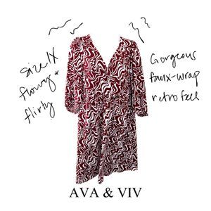 Ava & Viv Comfy Faux Wrap Patterned Dress in 1X with a Great Retro Feel